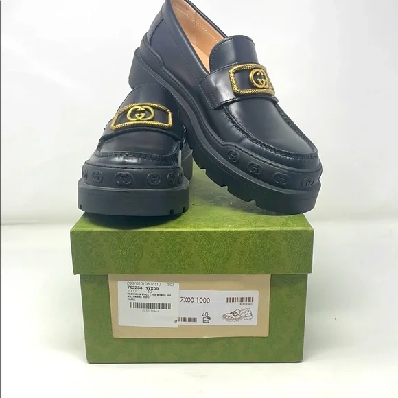 Gucci Sherlin Moccasin Millennial Ribot Black Gold Logo Leather Loafers Size 40