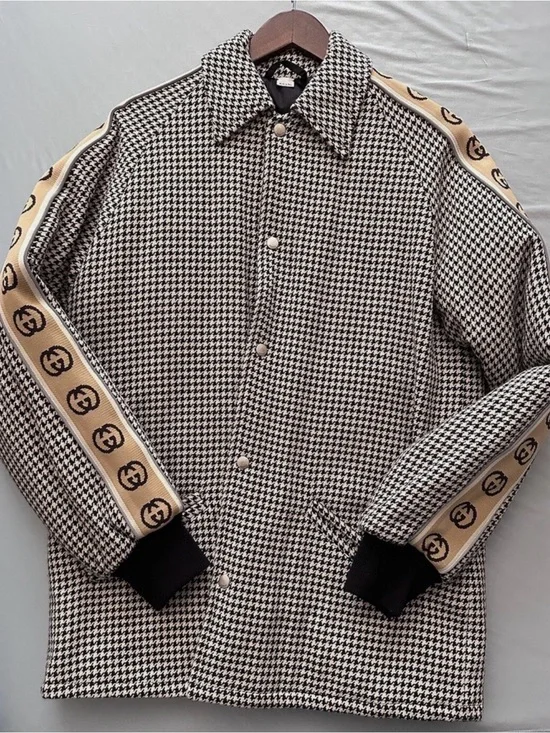 Gucci Black & White Houndstooth Coat with Beige Logo Stripe