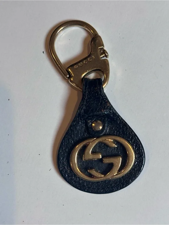 Vintage Gucci Double G Gold x Brown Leather Charm Keychain Accessory