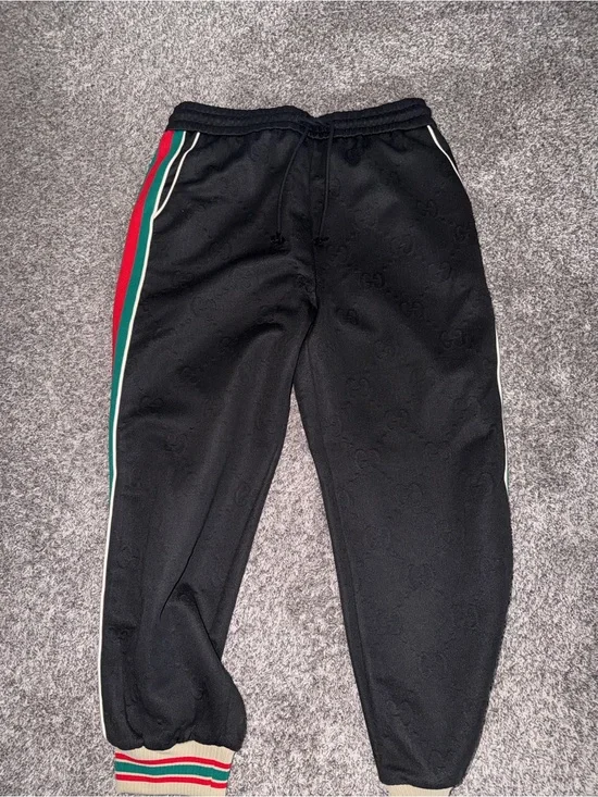 Men’s Gucci Black Sweatpants with Red and Green Stripe Accents