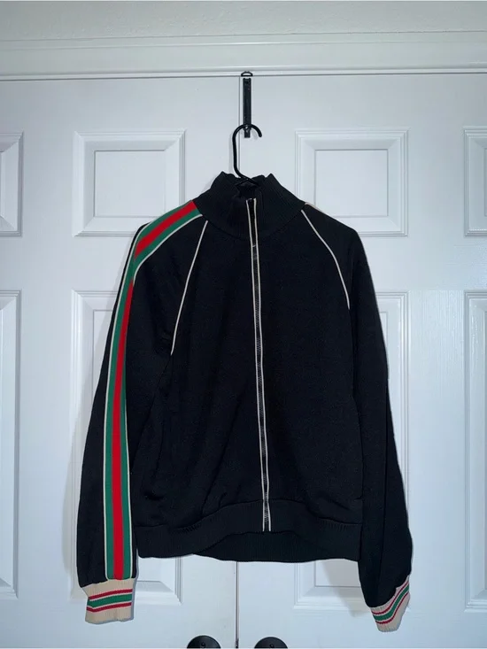 Men’s Gucci Black Zip-Up Track Jacket with Signature Green & Red Stripes