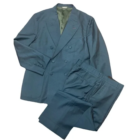 Gucci Uniform‎ Suit Men's 44 Green Wool Mohair Double Breasted *altered, flaw