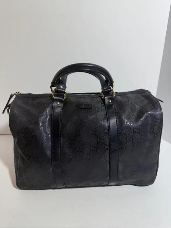 Vintage Navy Gucci GG Monogram Canvas Leather-Trim Boston