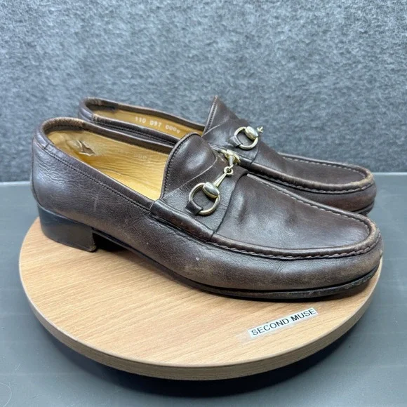 GUCCI 1953 Classic Horsebit Loafers‎ Brown Leather Mens Shoes Size 44 10 VTG 110