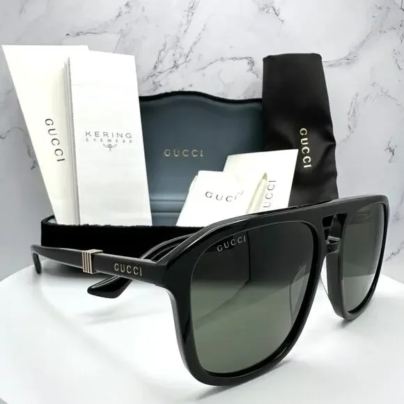 New GUCCI Sunglasses Black Aviator Pilot Gold Logo Metal Red Green Web Gucci