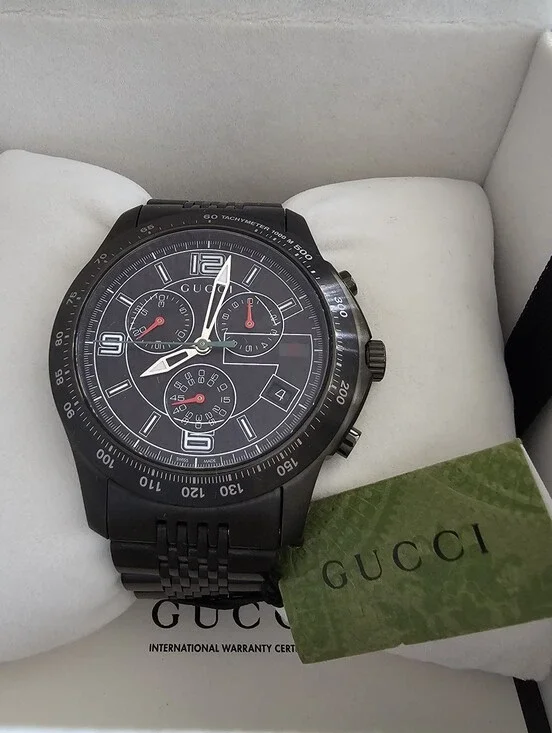 Gucci Black Stainless Steel Chronograph Watch with Red Accents