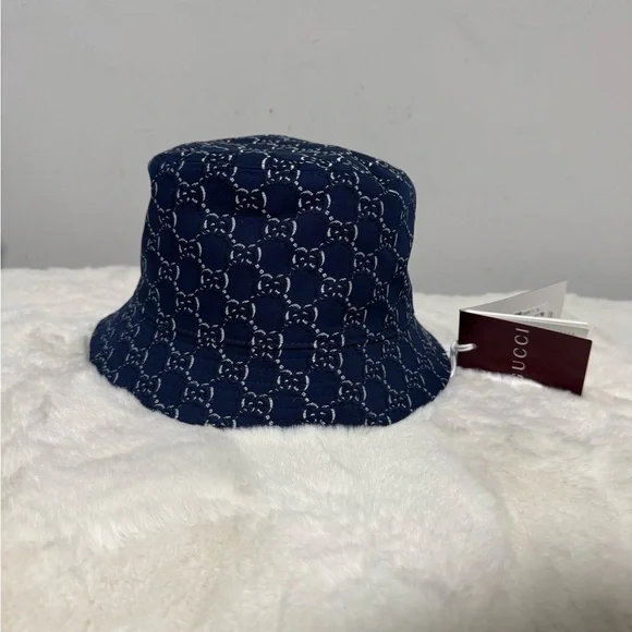 Gucci Navy Monogram Pattern Bucket Hat with Red Label: Size M, 58cm
