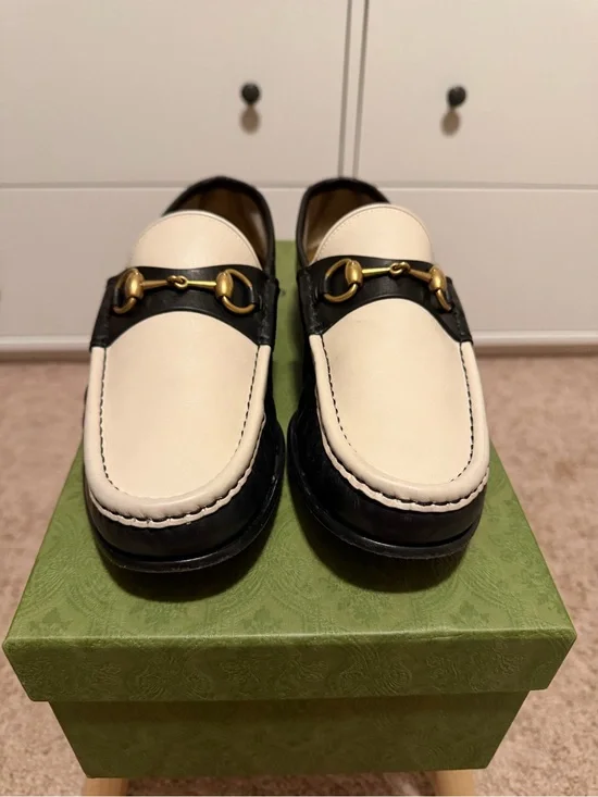 Gucci Two-Tone White & Black Leather Horsebit Loafers