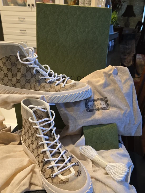Gucci Beige GG Canvas High-Top Sneakers with White Laces