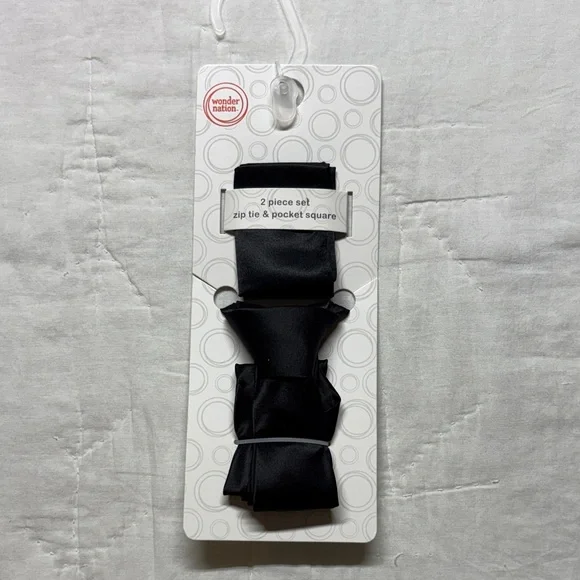 Wonder Nation Boys' Black Zip‎ Tie & Pocket Square 2-Piece Formal Set NWT