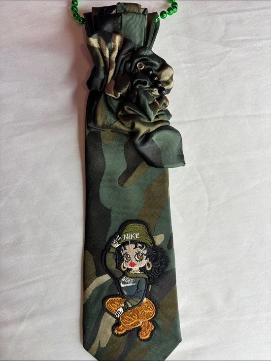 Hand Crafted Green and Brown Camouflage women's Tie with Cartoon Patch