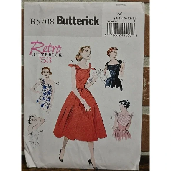 Butterick B5708 RETRO‎ 53 Flared Dress Shoulder Ties Sewing Pattern sz 6-14