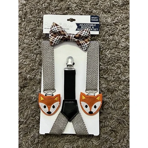 Rising Star Infant Toddler Adjustable Bow Tie and Suspender‎ Set Plaid Fox New!