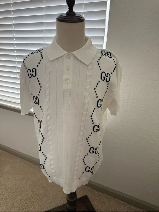 Gucci White GG Monogram Knit Polo Shirt Short Sleeve
