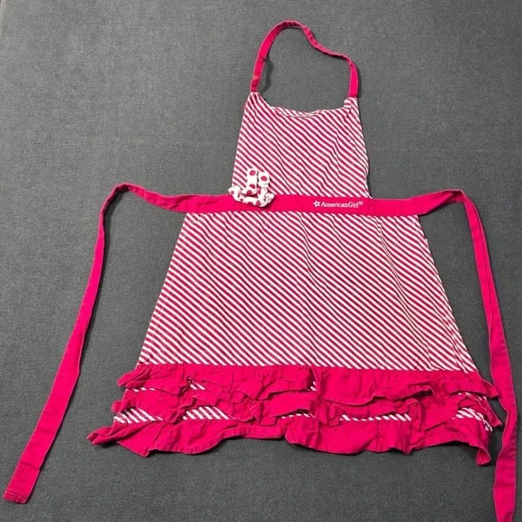 American Girl Doll Apron Red White Stripe Ruffle‎ Waist Ties