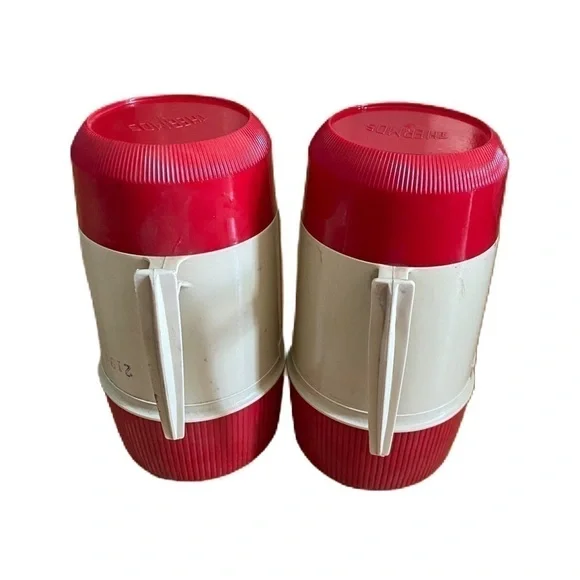 Vintage Thermos Vacuum Jar Bottle Set of 2 6202 Red Tan 1 Pint Wide Mouth