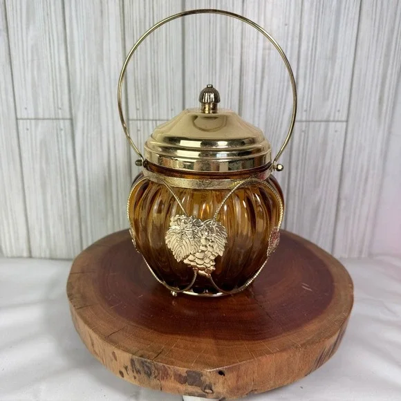 Vintage‎ Amber Glass Musical Biscuit Jar Swan Lake Japan Gold Grape Filigree
