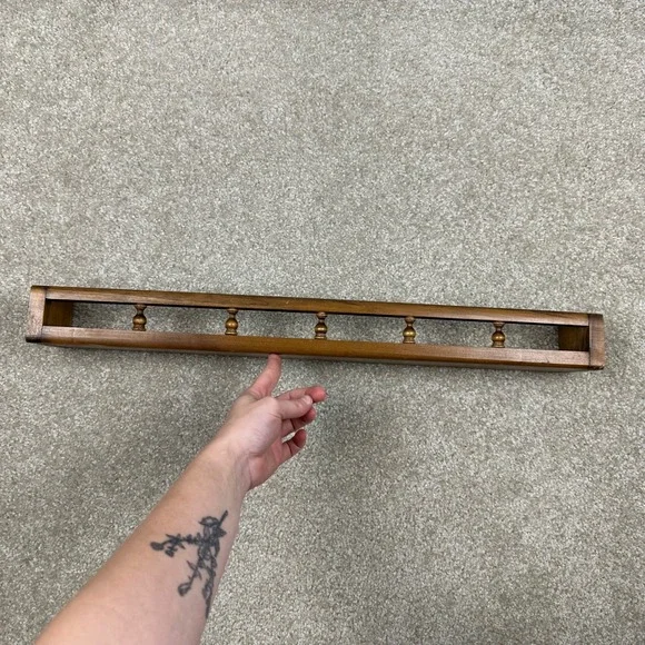 Vintage Wood Spice Rack Wall Mount Spindle Rail Display Shelf Brown Farmhouse