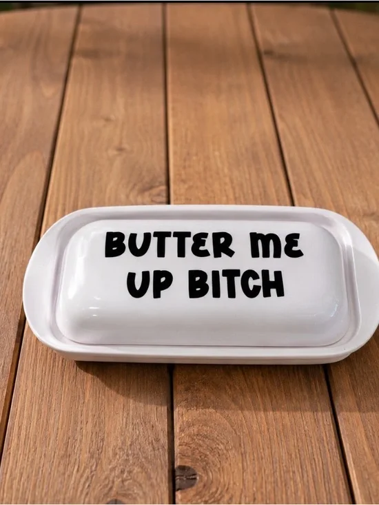 White hard plastic Butter Dish with Bold Black Text - 