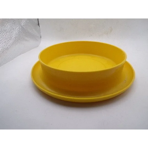 Vintage Tupperware Yellow Soup Bowl with Attached Saucer Base Retro Kitchenware