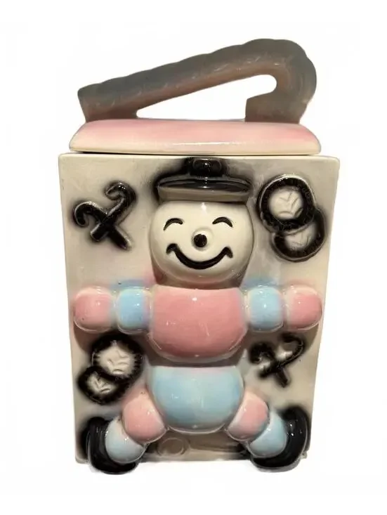 Vintage American Bisque Candy Cane Snowman Puppet Blue Pink Cookie Jar w/Lid