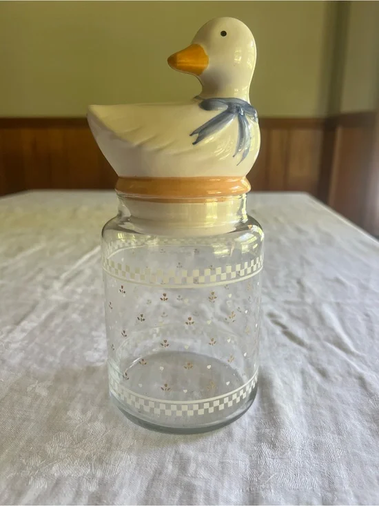 Ceramic Duck Glass Canister with Yellow Beak and Blue Bow