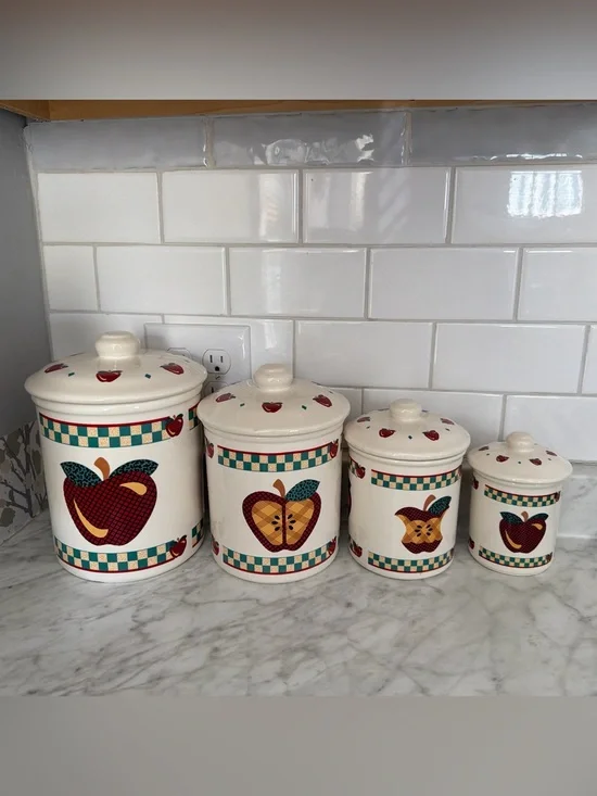 Tabletops Unlimited Vintage “A is for apple” Ceramic Apple Canister Set