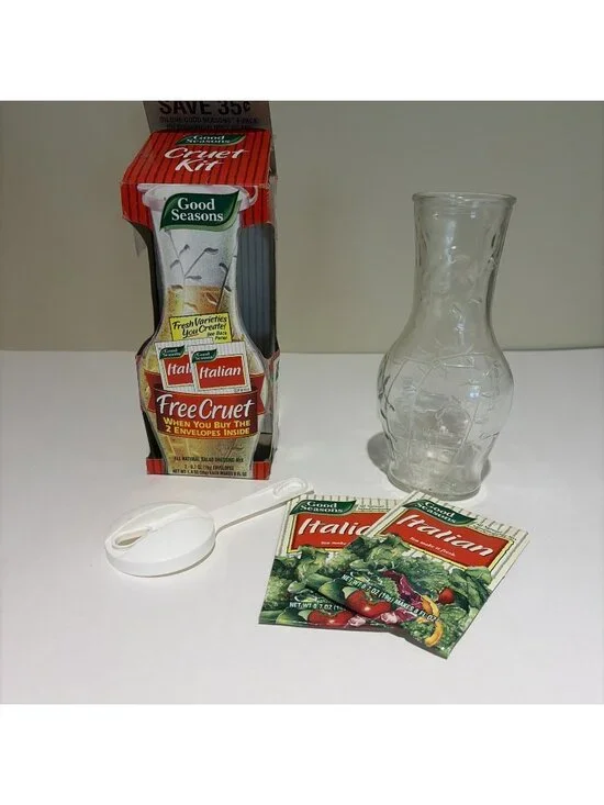 Vintage Good Seasons Cruet in Box - Glass Bottle, Plastic Lid, 2 Envelopes NEW