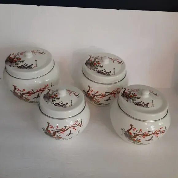 Vintage Plum Flower & Bird of Paradise Metal Cannister set Handpainted Enamel