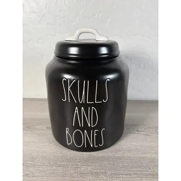NWOT Rae Dunn LL Artisan Collection Halloween Black “Skulls And Bones” Canister‎
