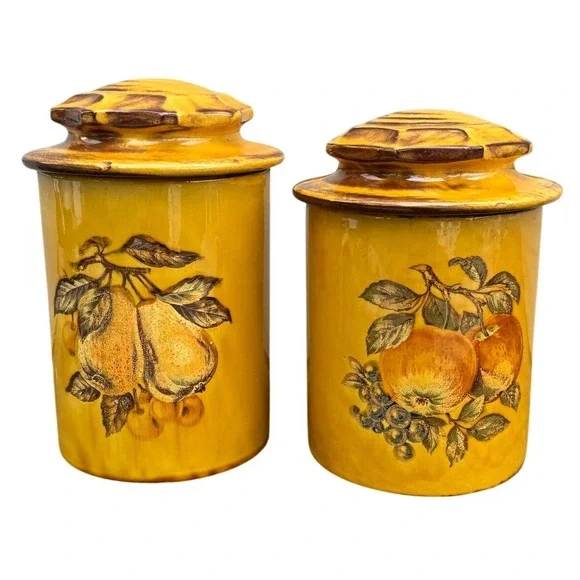 Vintage 1970s Harvest Gold Fruit Ceramic‎ Canister Set 2 Piece Mustard Yellow