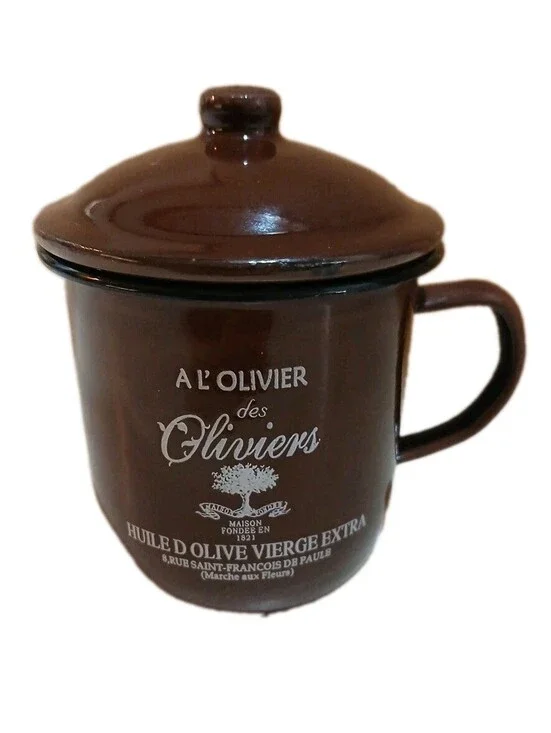 Brown Enamel French Canister Cup Container w.Lid Handle A L’Olivier des Oliviers