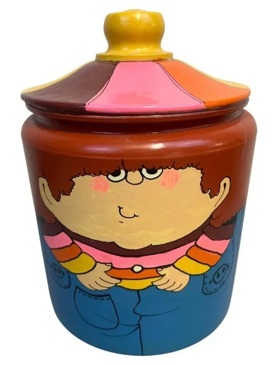 Vintage Hand Painted Ceramic Cookie Jar Whimsical Boy Folk Art Kitchen Canister