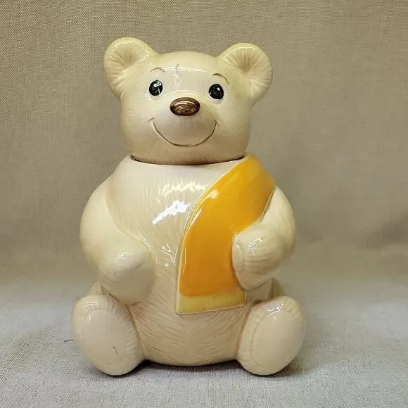 Vintage Metlox Porcelain‎ Bear Cookie Jar Yellow/ Cream With Scarf