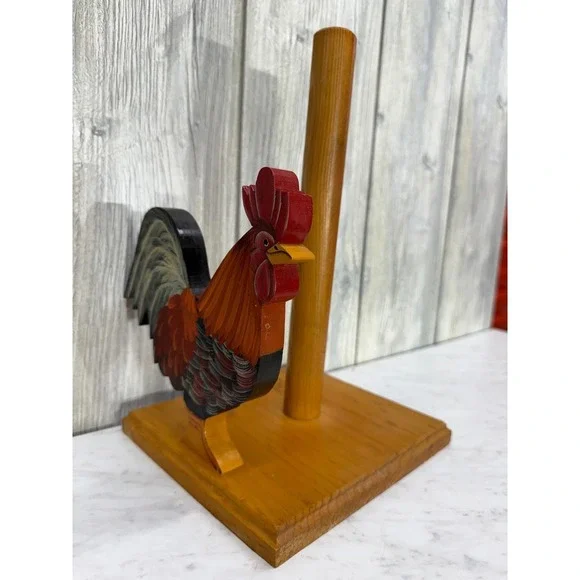 Vintage Wooden Rooster Paper Towel Holder Hand Painted Farmhouse Kitchen Decor
