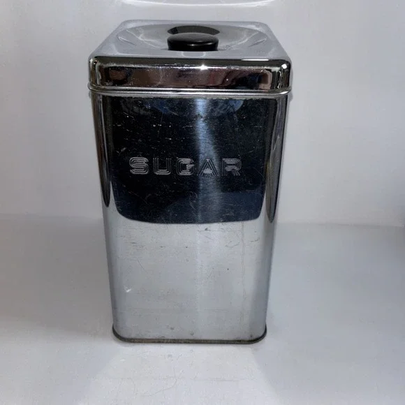 Vintage MCM Lincoln Beautyware Chrome Metal Kitchen Sugar Canister with Lid 9