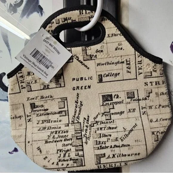 NWT Daisy Mae designs Vintage map Lunch bag Neoprene+Polycotton‎ w/zipper