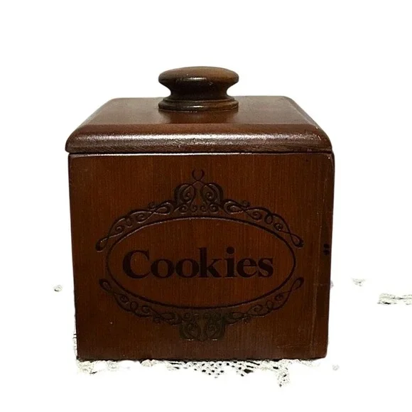 Vintage Cookie Jar Brown Wood Hand Carved Primitive Box Grandma Cottage Core