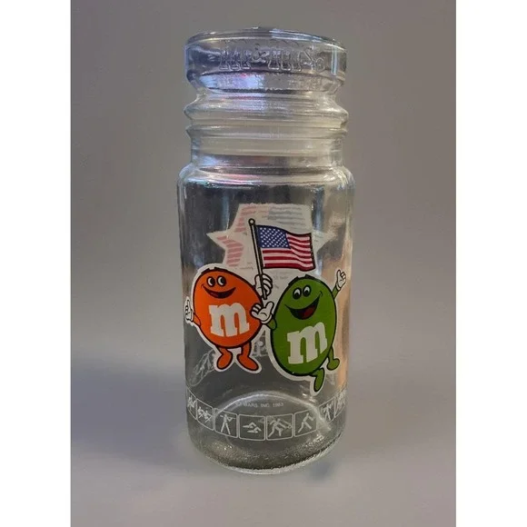 RARE Olympics M&M's Candy Glass Jar Canister & Lid Vintage 1980s