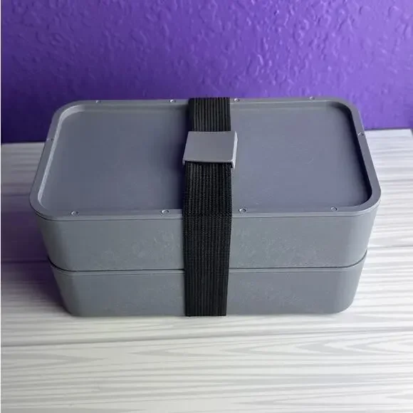 Bento Box Adult Lunch Box Stackable 2 Tier Gray with Strap and Fork Spoon Knife