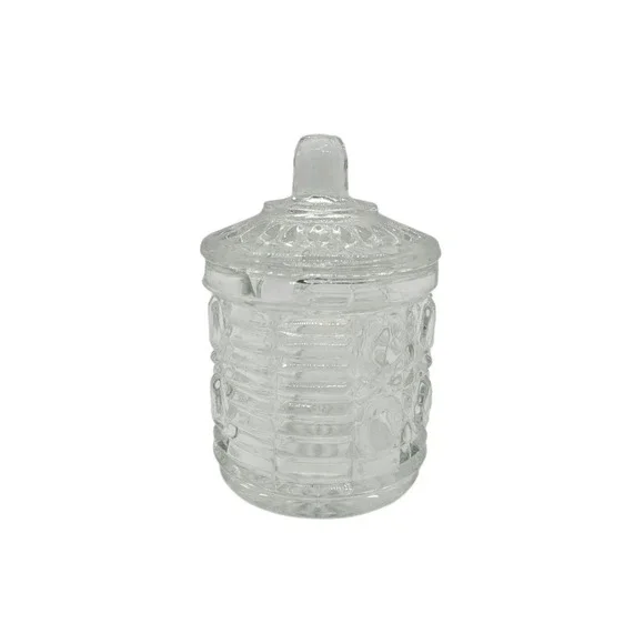 Vintage Federal Glass Pressed Glass Jelly Jar with Lid Diamond Starburst Pattern