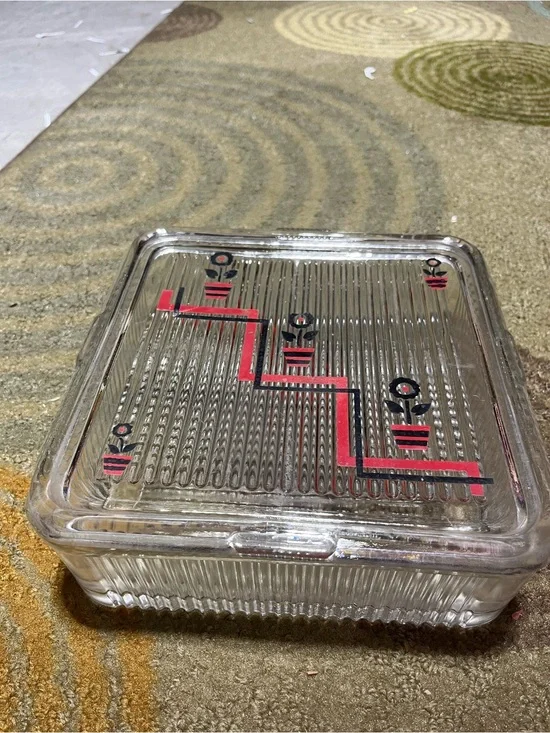 Vintage Clear Glass Square Refrigerator Box with Red & Black Flower Design