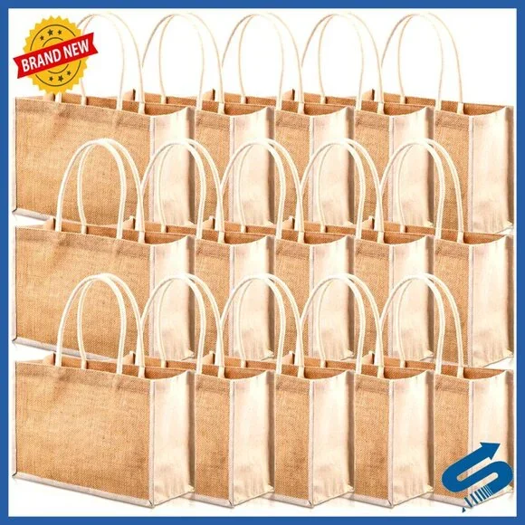 Natural Jute Tote Bags Set of 16 Reusable Grocery Beach Travel Gift Bags