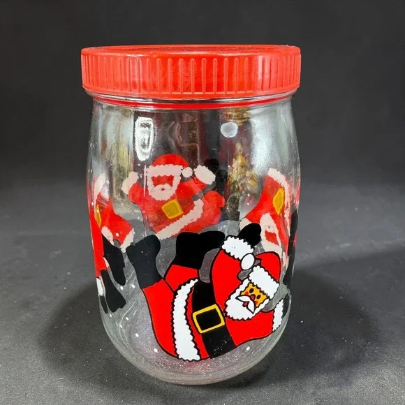 Vintage Santa Claus Glass‎ Cookie Jar Made in France Red Lid Christmas Canister