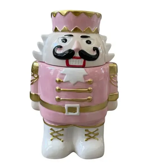 NEIMAN MARCUS Pink Nutcracker Cookie Jar In Holiday Gift Box NEW