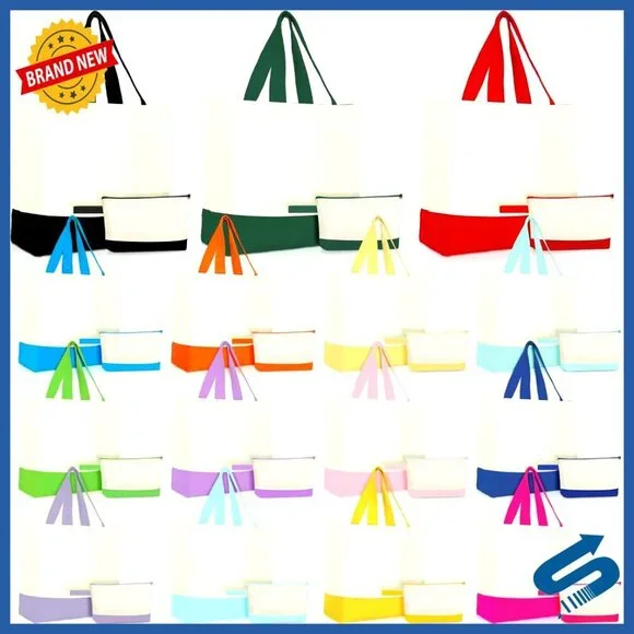Canvas Tote Bags Bulk with Zipper Cosmetic Pouch Reusable Grocery Shopping Bags
