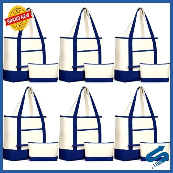 Canvas Tote Bags Set with Outer Pocket and Makeup Pouch Reusable Grocery
