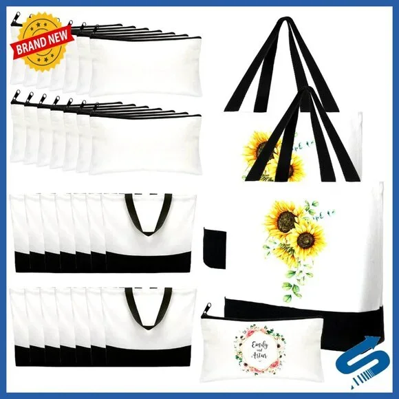 Blank Canvas Tote Bags with Zipper Cosmetic Pouches DIY Craft Wedding Gift