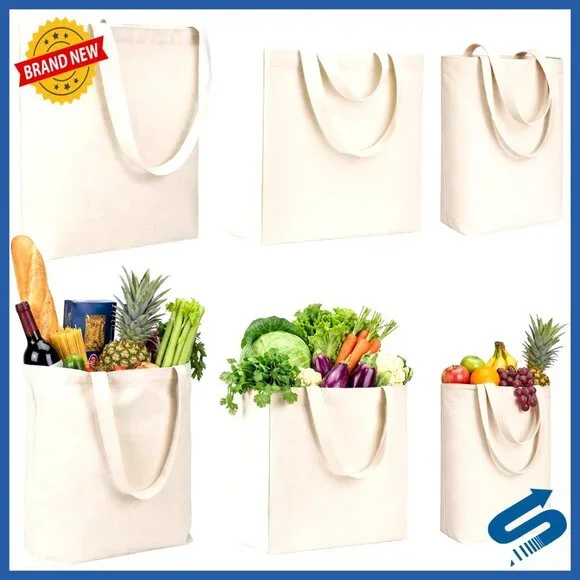 Reusable Canvas Grocery Tote Bags Heavy Duty Foldable Washable Storage Set