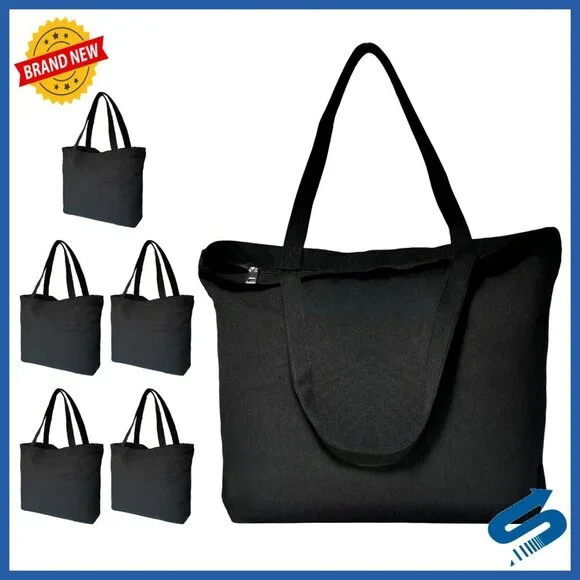 Canvas Tote Bags 6-Pack Zipper Closure Reusable Grocery Shopping Totes